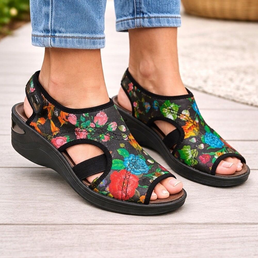 Bzees Black Dream Wedge Multicolor Floral Sandals Women’s Size 8 Colorful